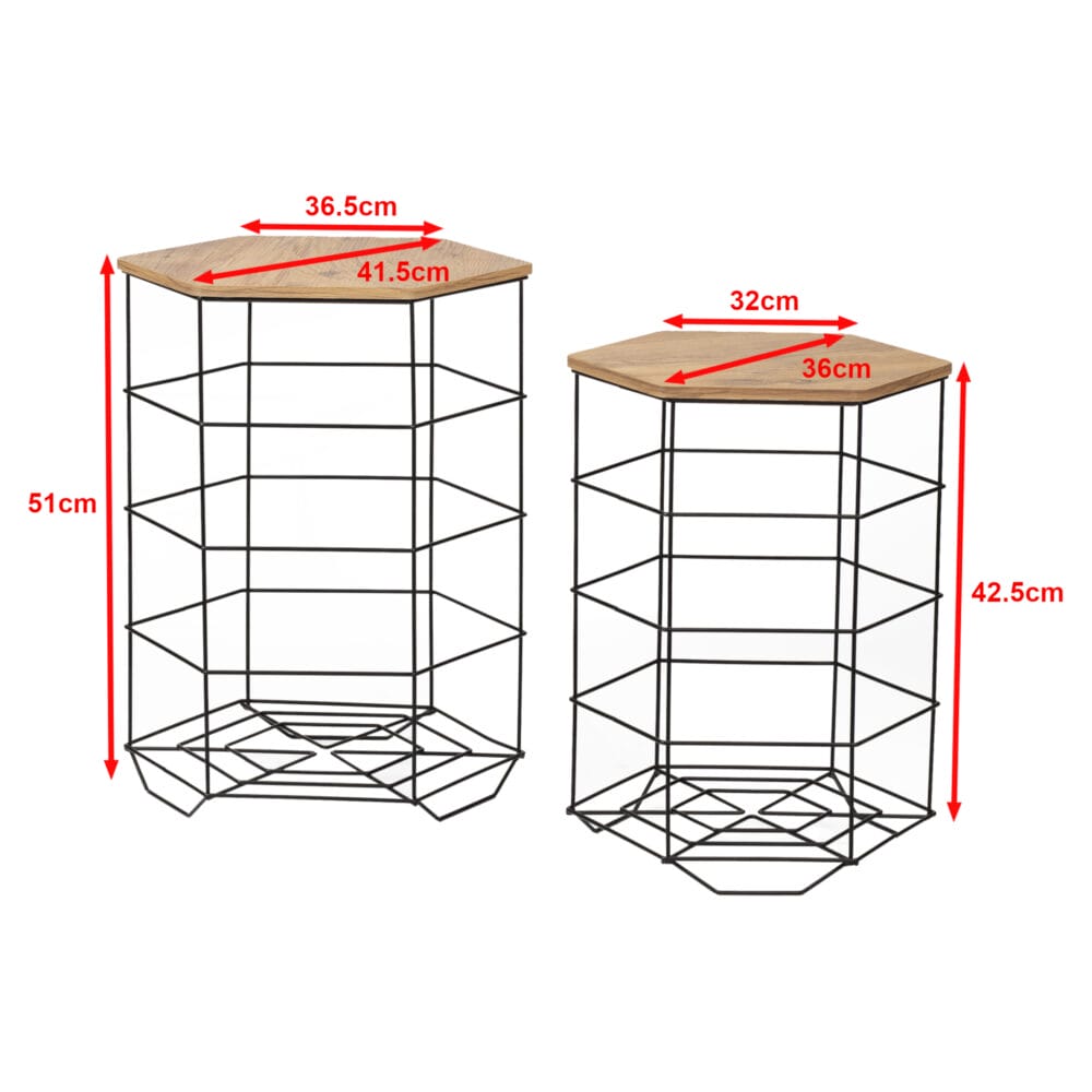 Beistelltisch-Set Hørsholm 2er Set Metallkorb Schwarz/Holzfarben