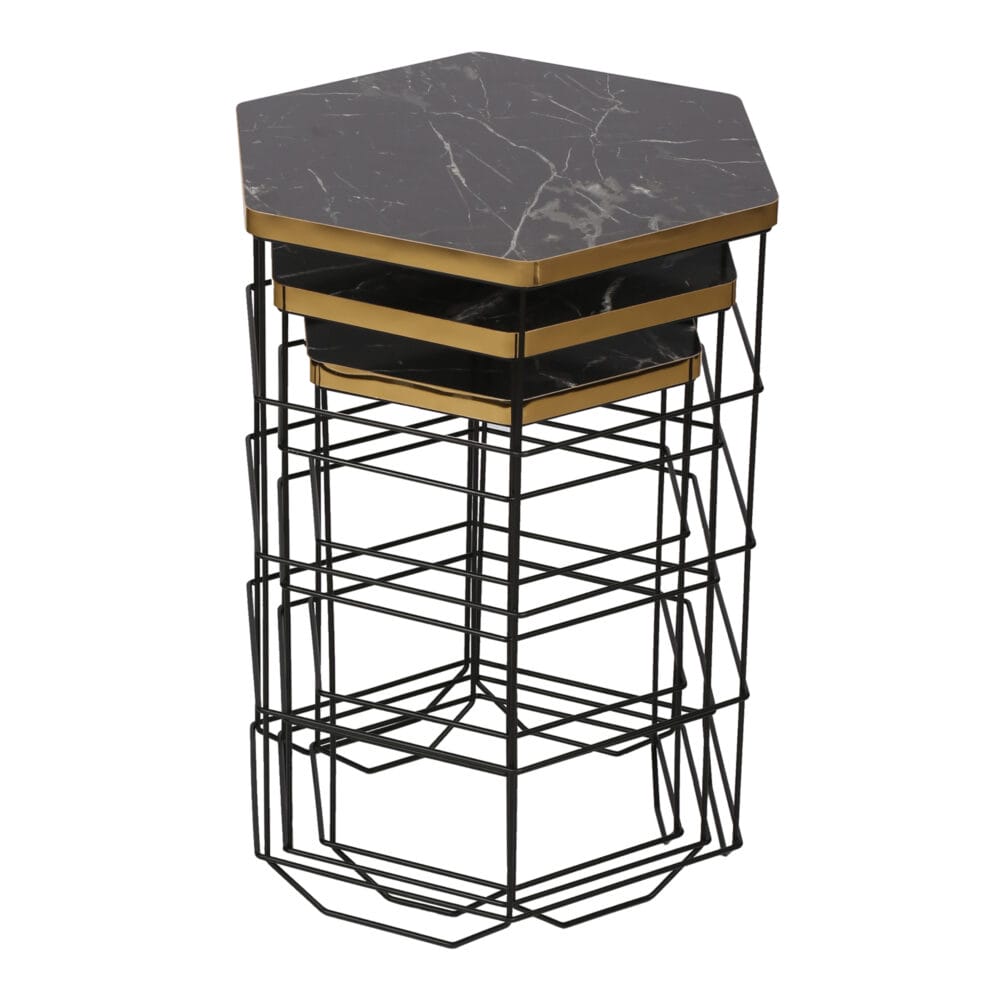 Beistelltisch-Set Hørning 3er Set Metallkorb Schwarz/Marmoroptik