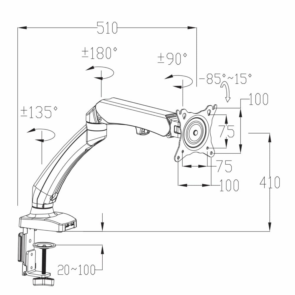 Bildschirmhalter Monitorhalter VESA bis 75x75/100x100mm einarmig