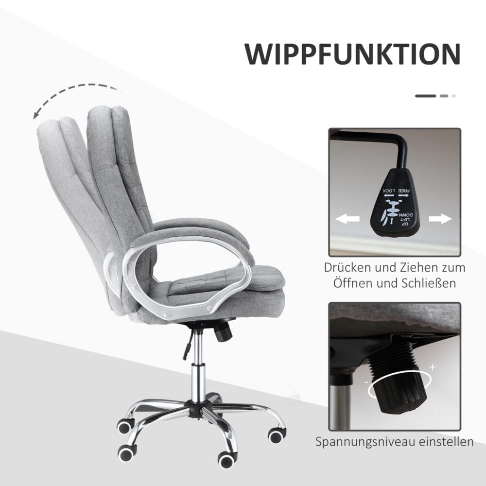 Bürostuhl 360° Ergonomisch Wippfunktion Grau Leinen