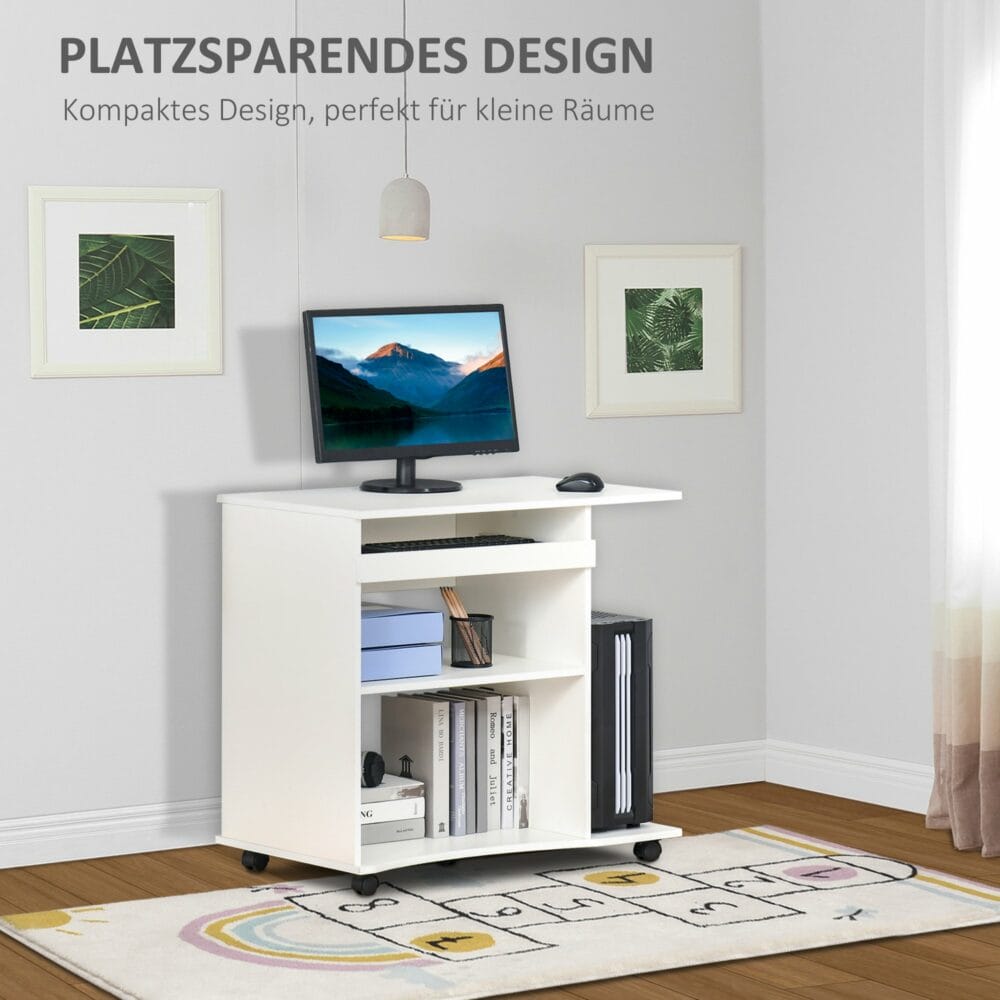 Computertisch mit Rollen Regal mobiler Schreibtisch 80x50x75cm