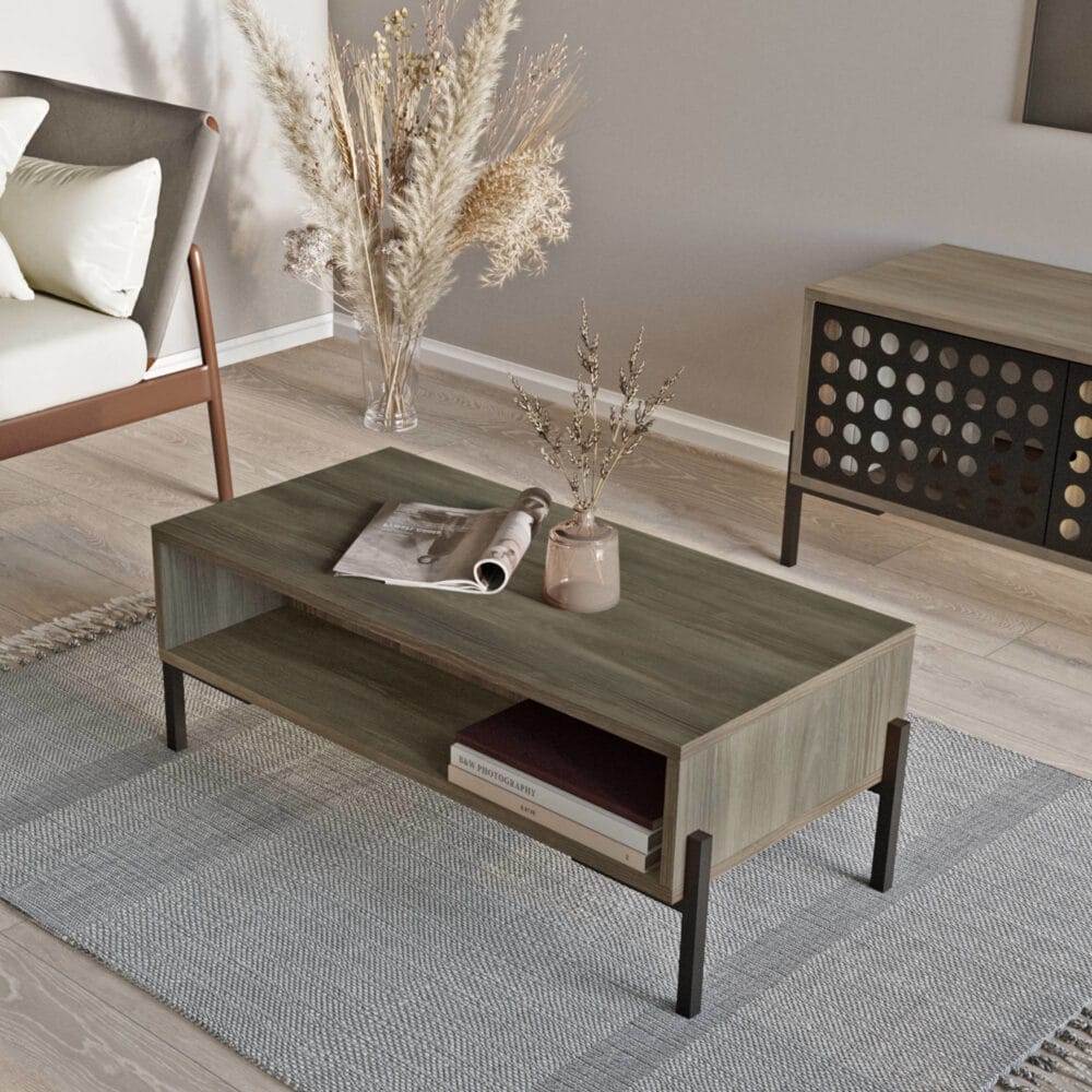 Couchtisch Lemland mit 3 Ablagefächern 94x44.5x35.5cm Eiche grau