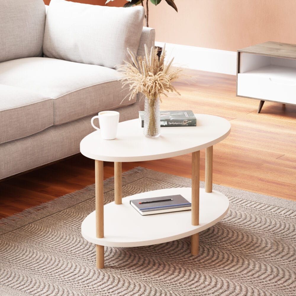 Couchtisch Højreby mit unterer Ablage 43x70x44cm Oval Weiss
