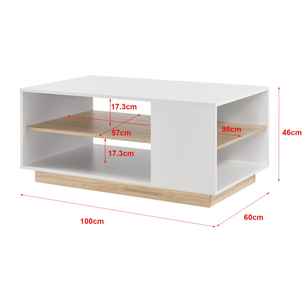 Couchtisch Trelleborg 100x60x46 cm mit 2 Ablagen Weiss/Eiche