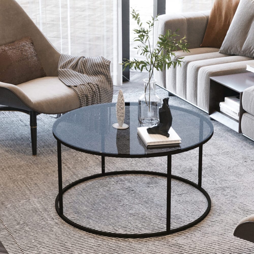 Couchtisch Kolari aus Rauchglas 45xØ80cm Schwarz/Transparent
