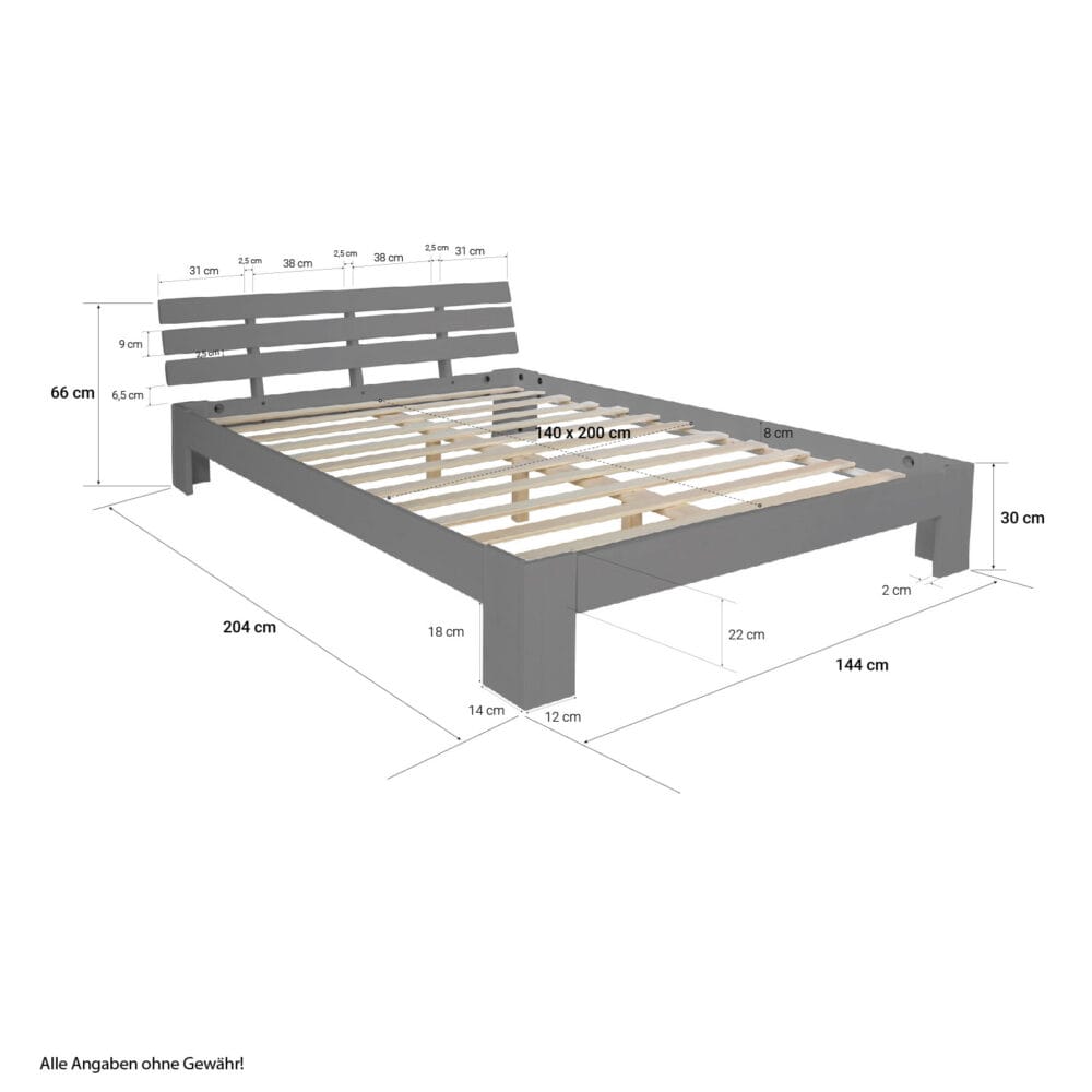 Doppelbett Holzbett 140x200cm Massivholz Grau