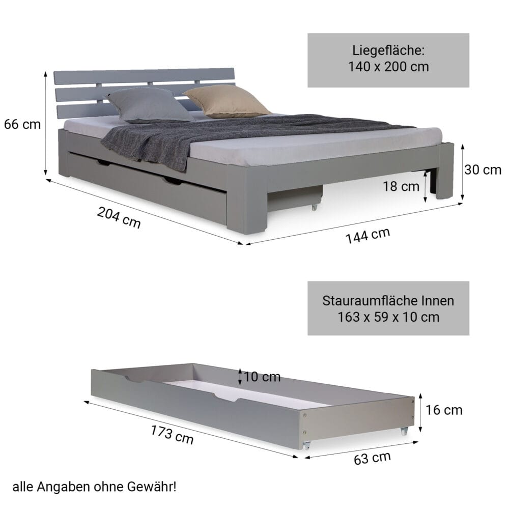 Doppelbett mit Lattenrost und Bettkasten 140x200cm Grau