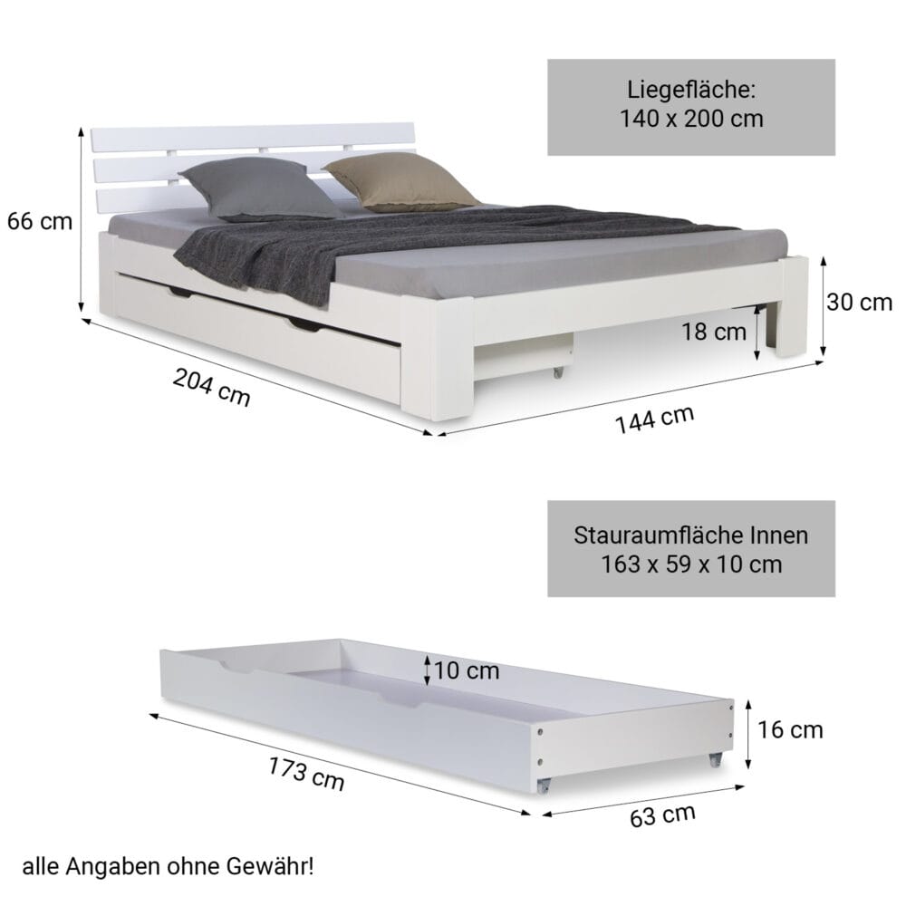 Doppelbett mit Lattenrost und Bettkasten 140x200cm Weiss