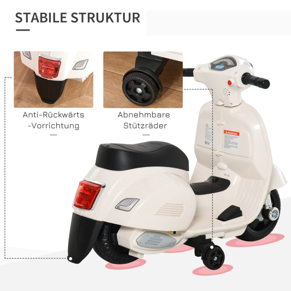 Elektro-Kindermotorrad Vespa mit Stützrädern Weiss