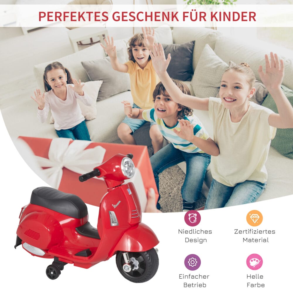 Elektro-Kindermotorrad Vespa mit Stützrädern rot