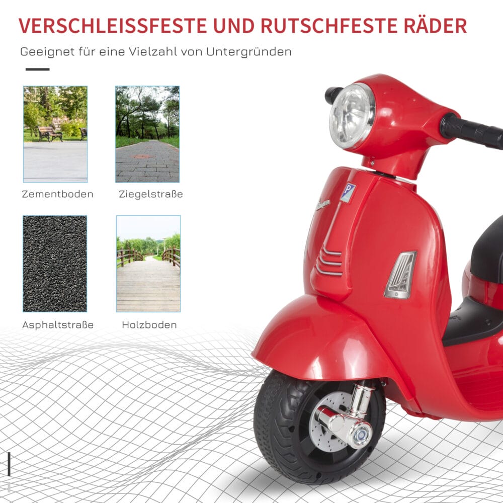 Elektro-Kindermotorrad Vespa mit Stützrädern rot