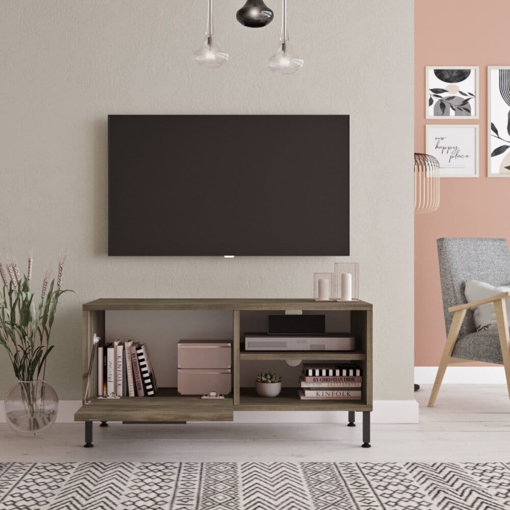Fernsehtisch Liperi 2 Ablagefächern 90 x 35.5 x 43 cm Eiche grau