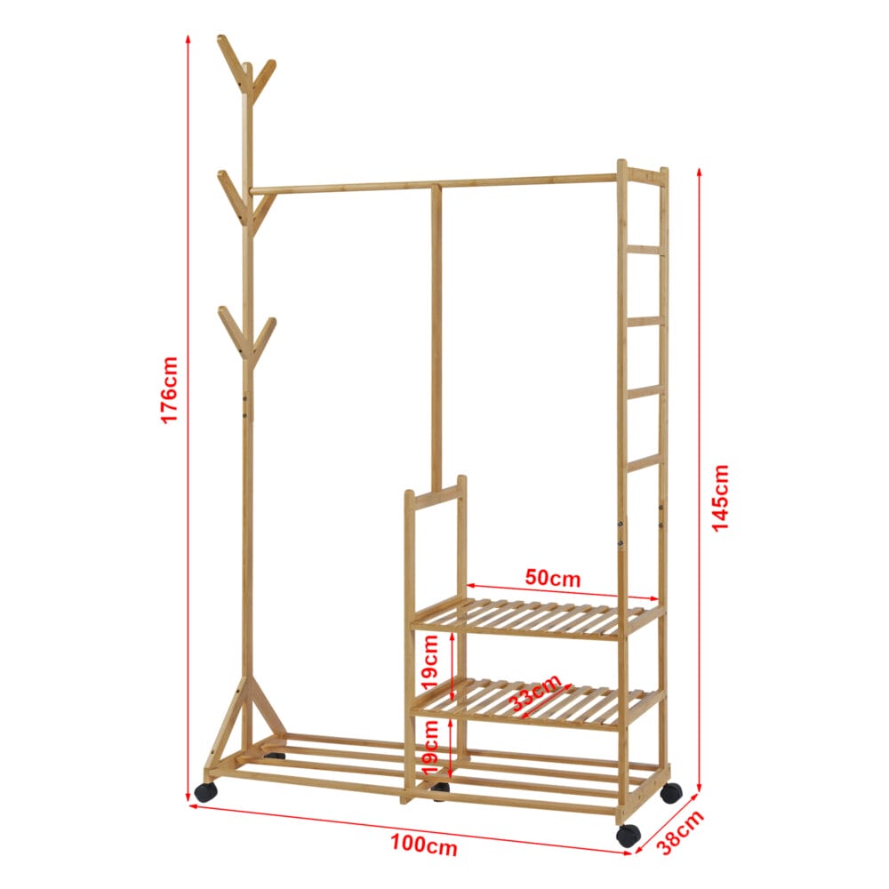 Rollbarer Garderobenständer Bambus 176x100x38cm