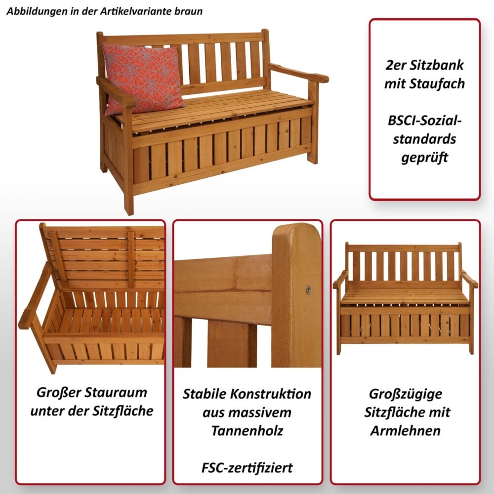 Gartenbank HWC-L68 mit Stauraum Outdoor Tanne Holz MVG 114cm braun