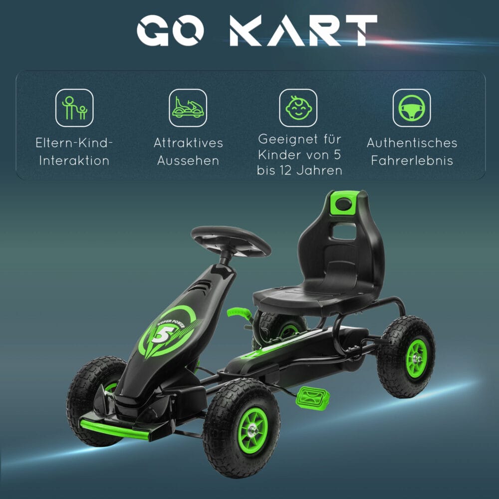 Gokart mit Gummireifen mit verstellbarem Sitz ab 5 Jahren grün