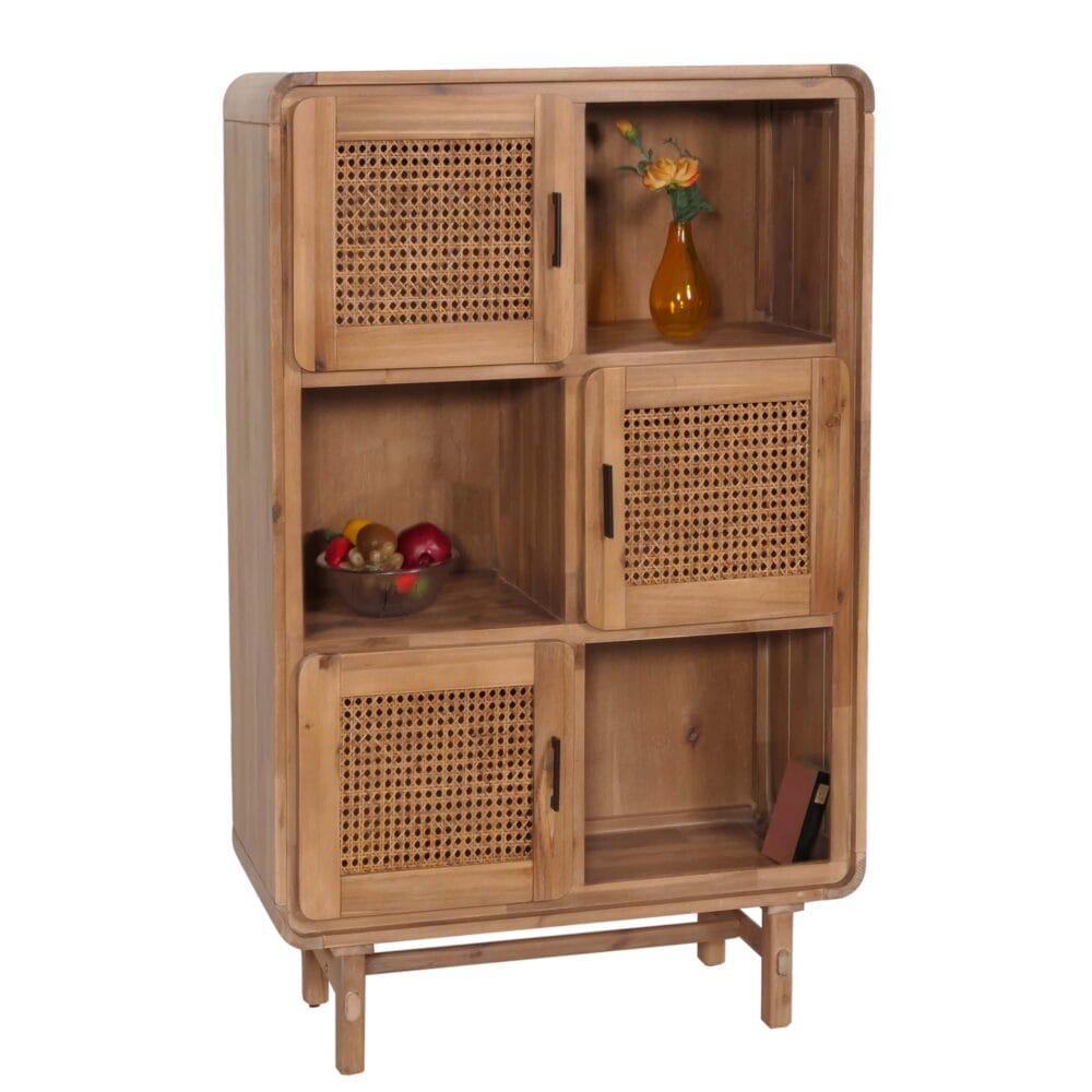 Highboard Kommode Rattan Akazie Massiv-Holz gebeizt 141x90x35cm