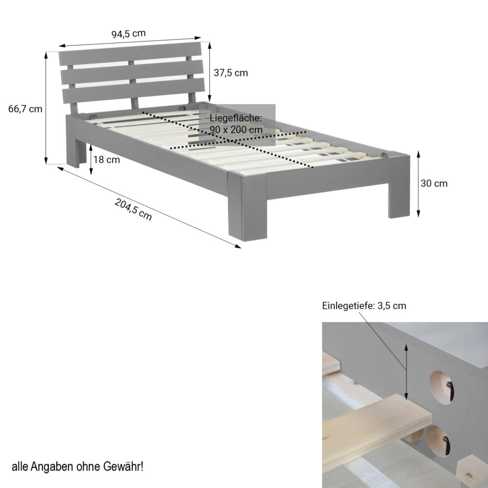 Holzbett Einzelbett 90x200cm Grau