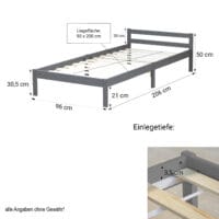 Holzbett Einzelbett 90x200cm Grau