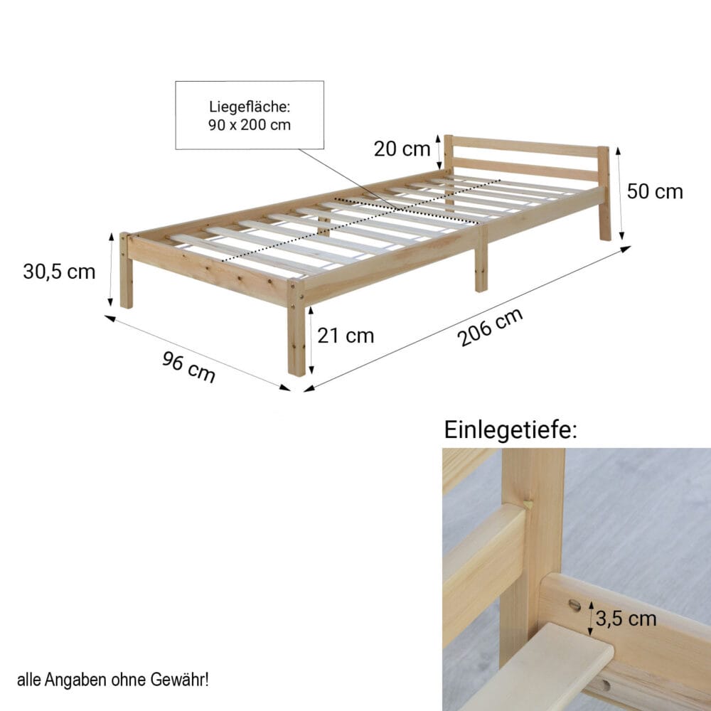 Holzbett Jugendbett mit Lattenrost 90x200cm Natur