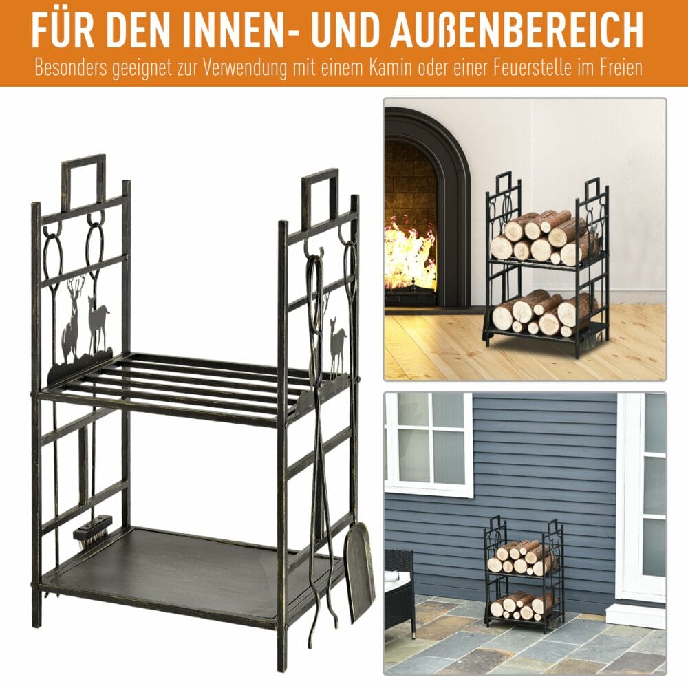 Kaminholzregal mit Kaminbesteck 51cm Gold Schwarz