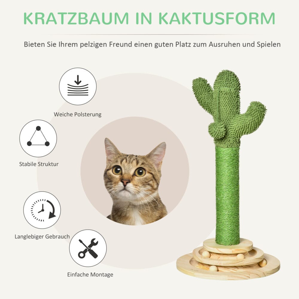 Katzen Kratzbaum Kaktus Katzenbaum 60cm Hoch Grün+Natur