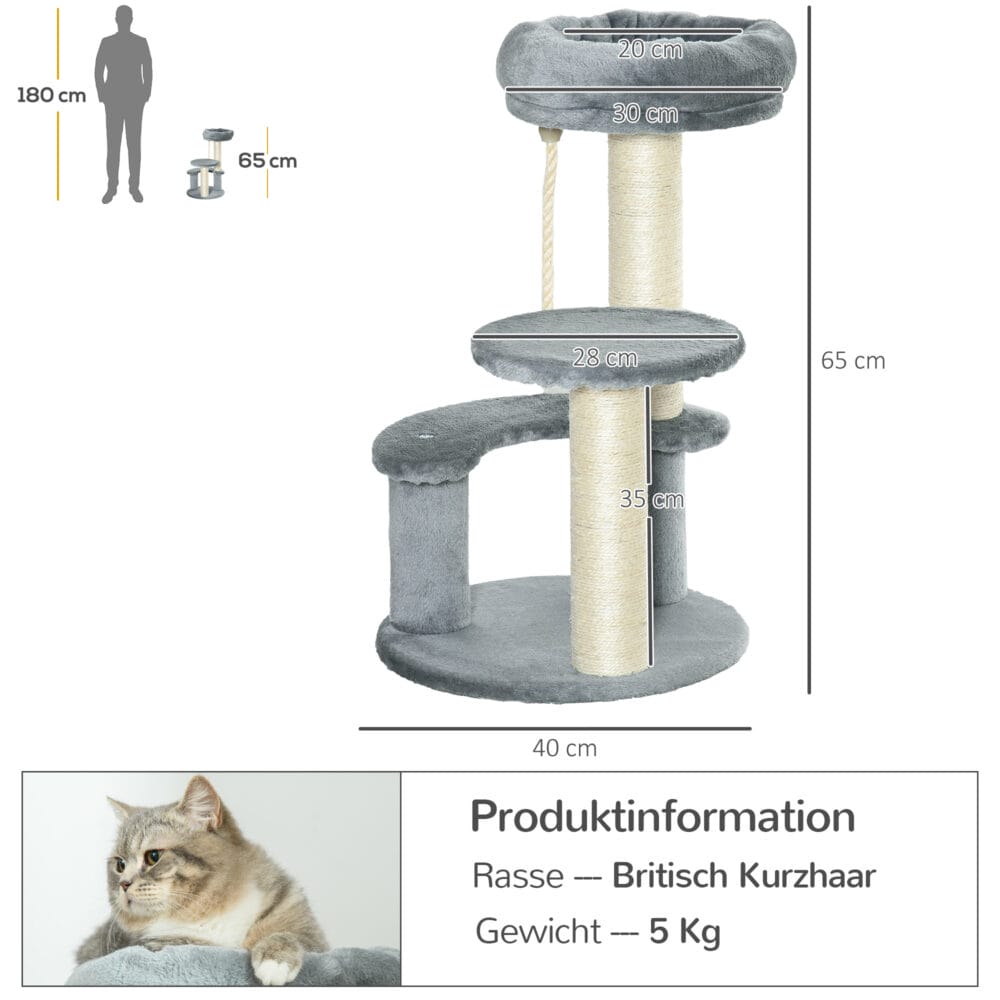 Katzenbaum mit Hängematte Sisalsäulen Grau Ø40xH65cm