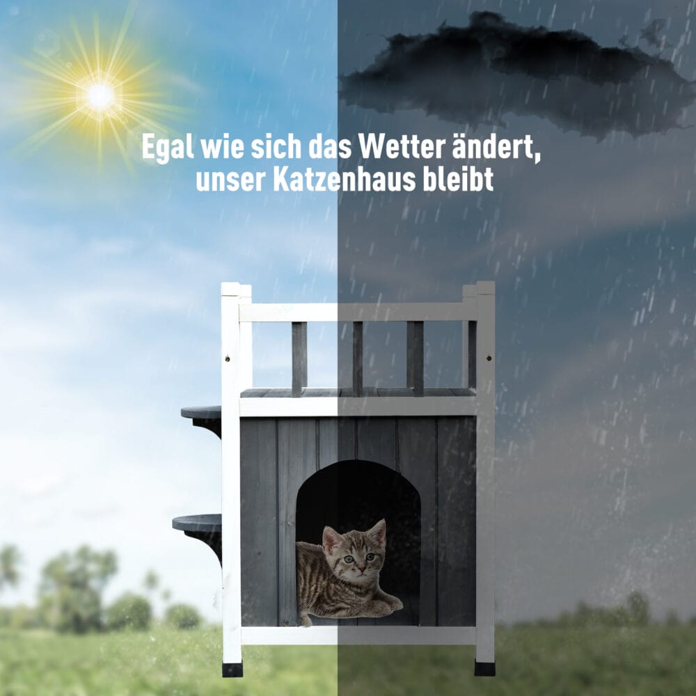 Katzenhaus Katzenhöhle mit Balkon In/Outdoor Katzenhütte 2-Etagen