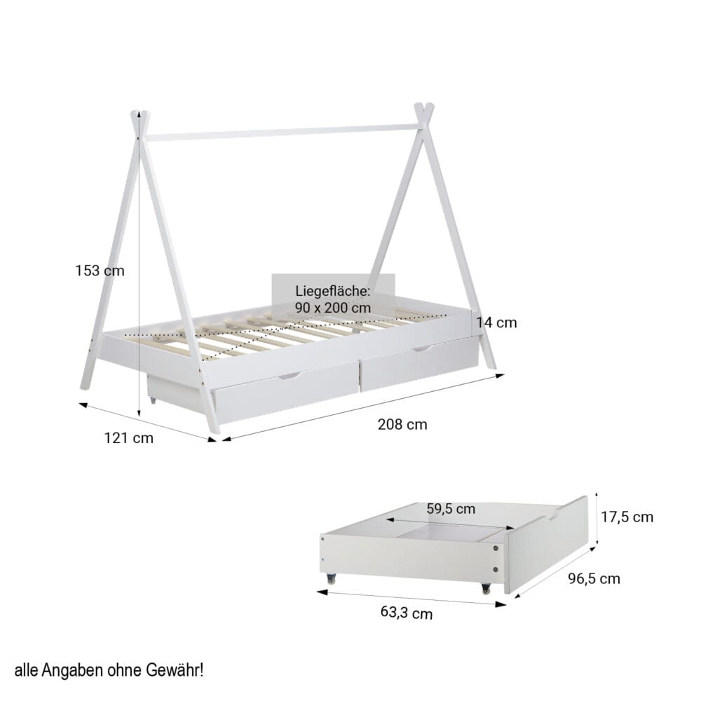 Kinderbett TIPI mit Schubladen 90x200cm Weiss