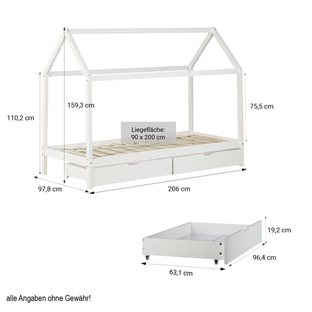 Kinderbett mit Schubladen 90x200cm Weiss