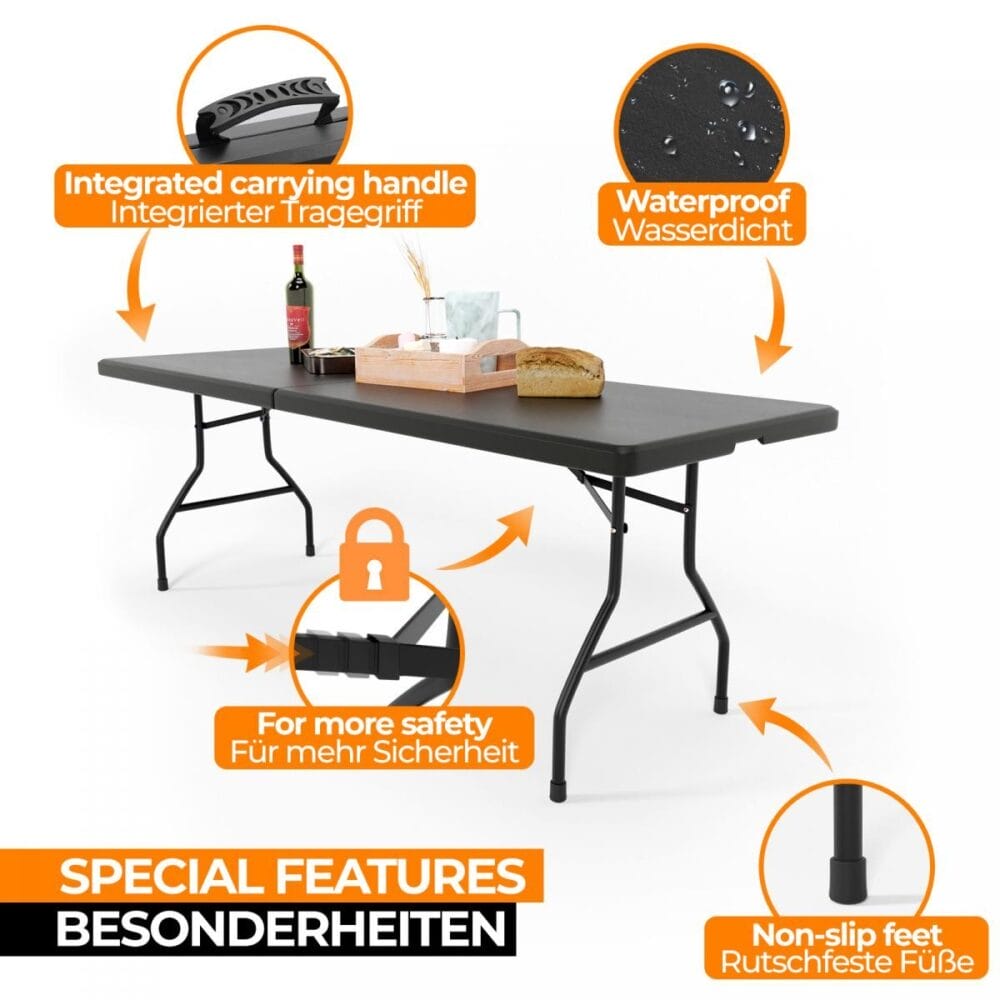 Klapptisch 183cm Camping für 8 Personen Tragbar Platzsparend Outdoor/Indoor Schwarz