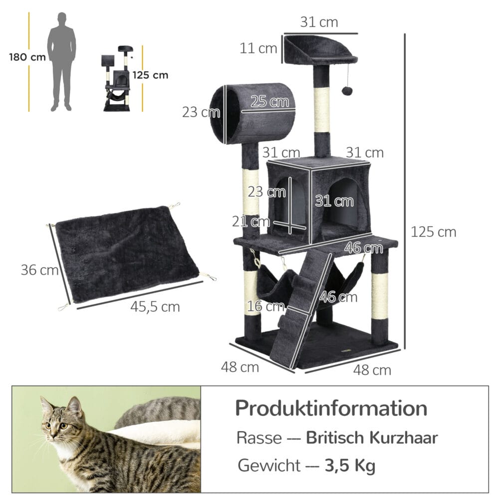 Kratzbaum 125cm Kletterbaum mit Katzenhaus und Hängematte