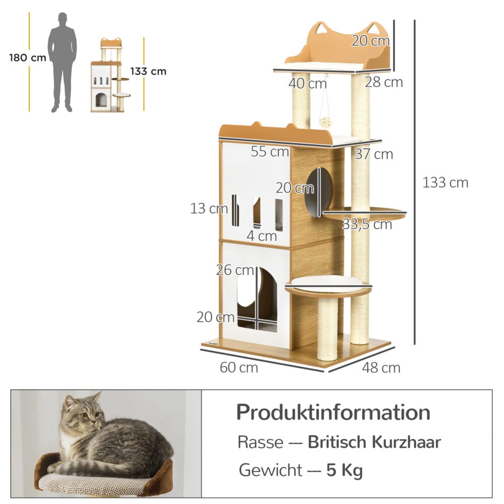 Kratzbaum 133cm Katzenbaum Katzenkratzbaum mit 2 Katzenhöhlen