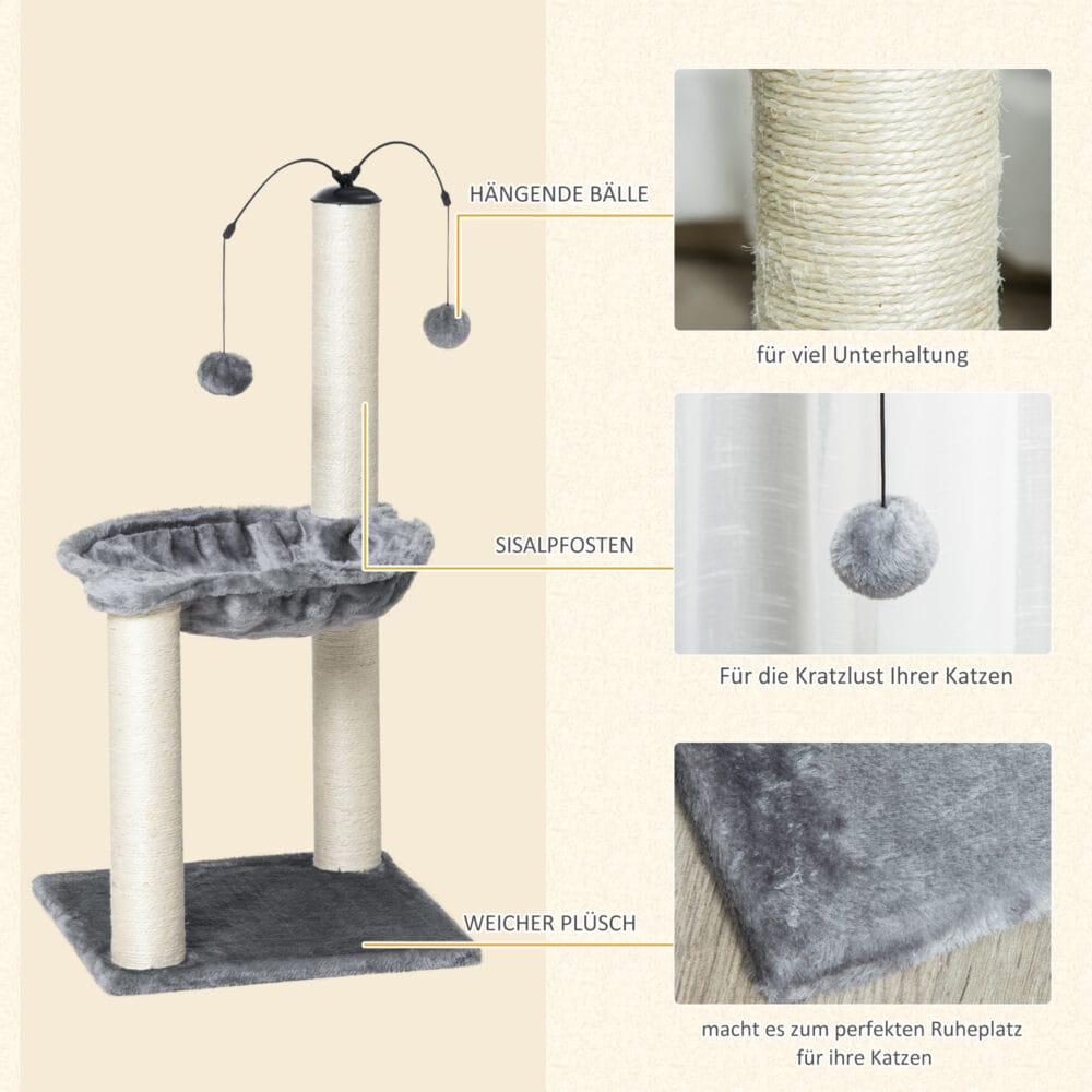 Kratzbaum mit Hängematte mit Spin-Ball Grau 39.5x39.5x83cm