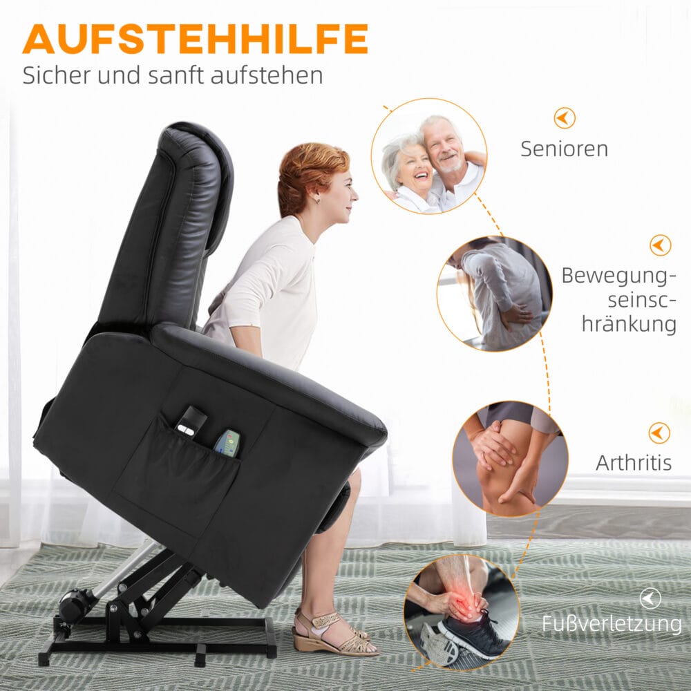 Massagesessel mit Aufstehhilfe elektrisch Kunstleder Schwarz