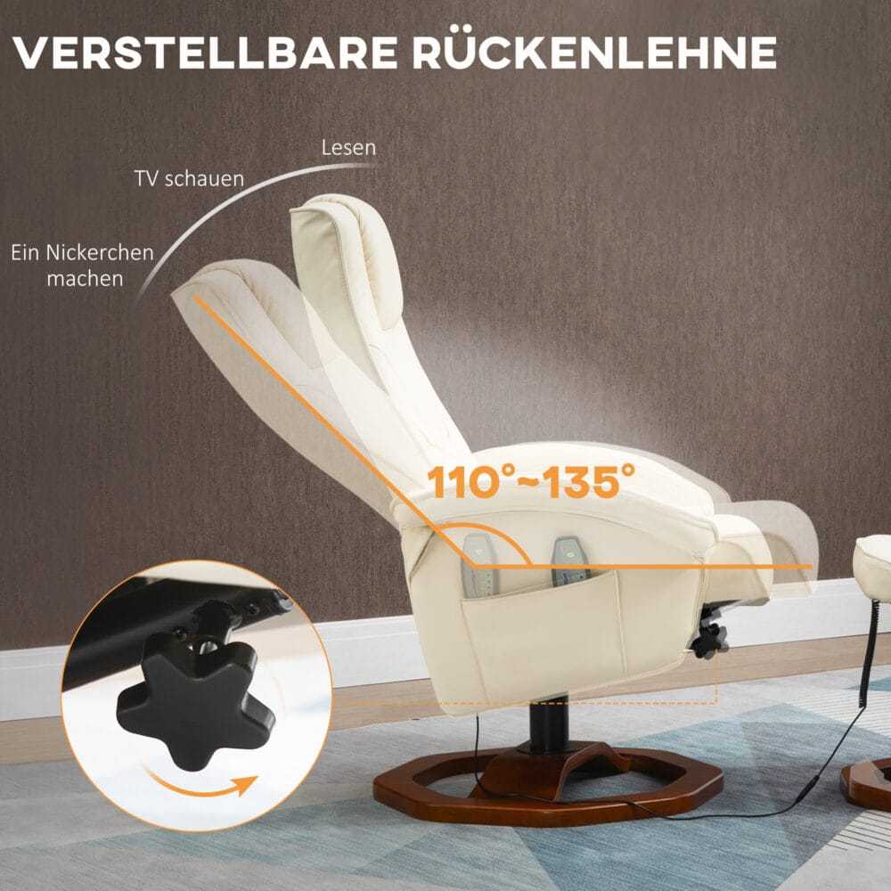 Massagesessel mit Fussstütze 360° drehbar Creme