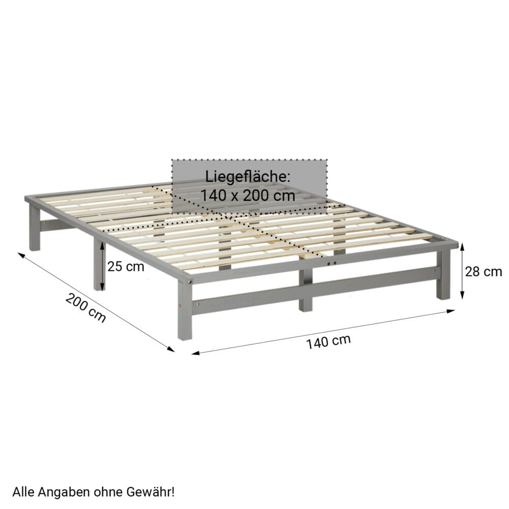 Palettenbett Holzbett 140x200cm Massivholz Grau