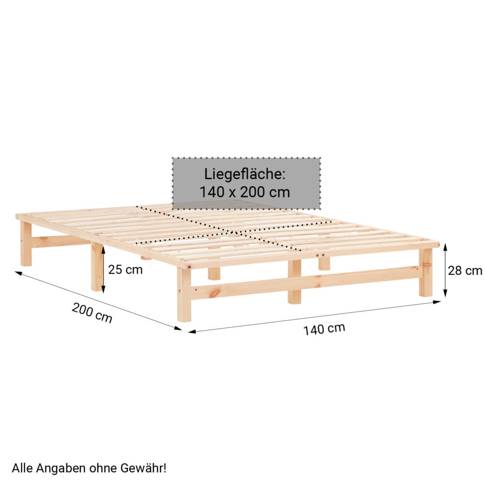 Palettenbett Holzbett 140x200cm Massivholz Natur