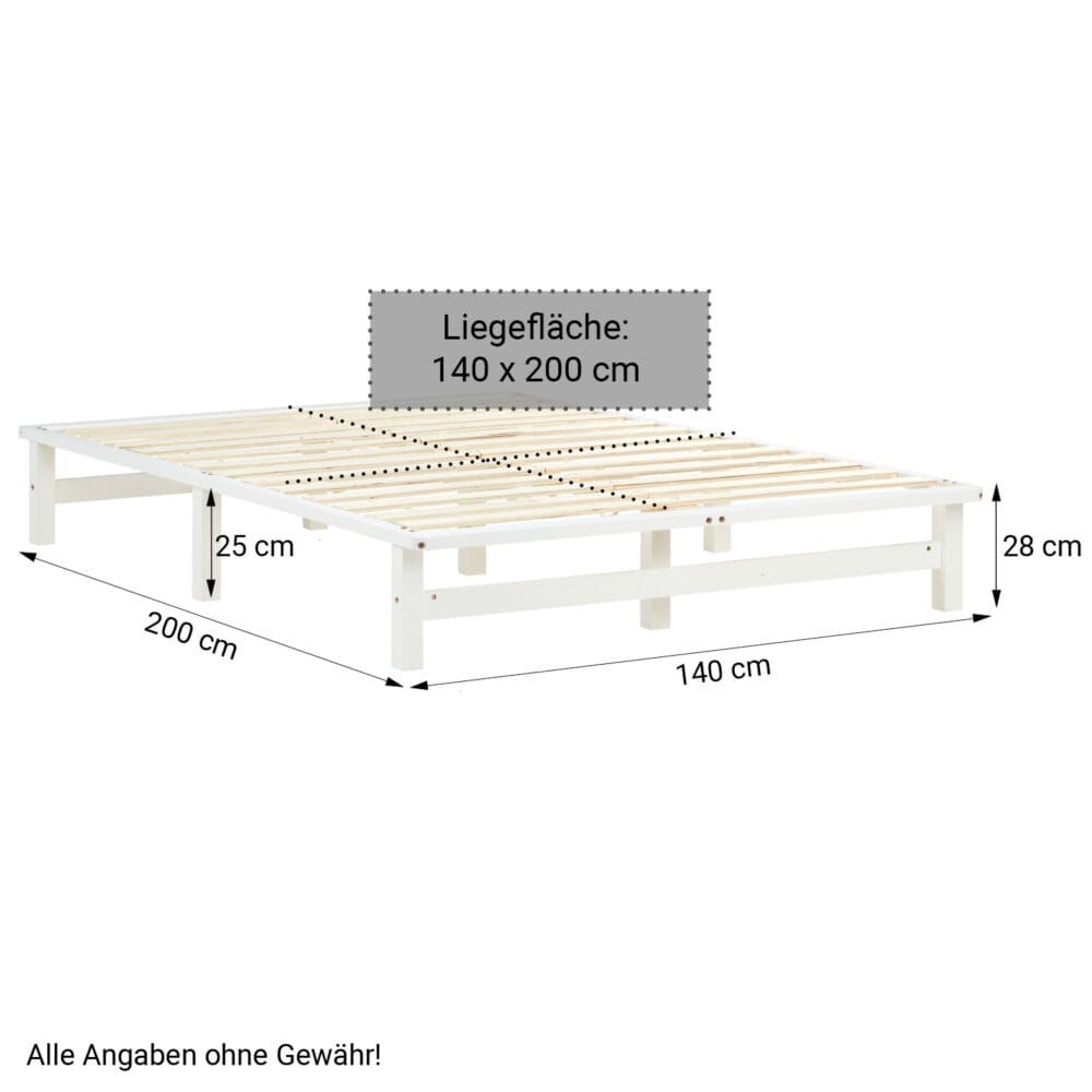 Palettenbett Holzbett 140x200cm Massivholz Weiss