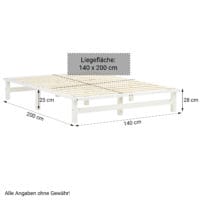 Palettenbett Holzbett 140x200cm Massivholz Weiss