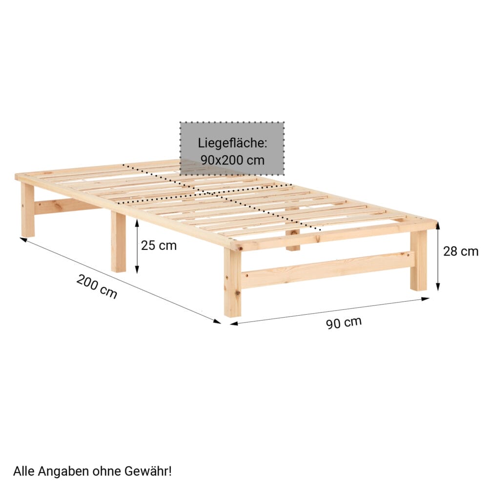 Palettenbett Holzbett 90x200cm Massivholz Natur