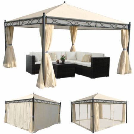 Pergola Cadiz 3x3m mit Seitenwand + Moskitonetz 7cm-Gestell ~ creme