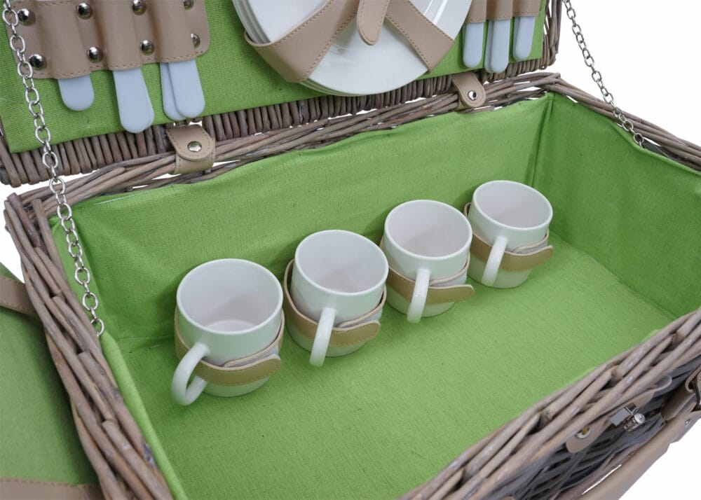 Picknickkorb Weidenkorb Set für 4 Personen mit Decke grün