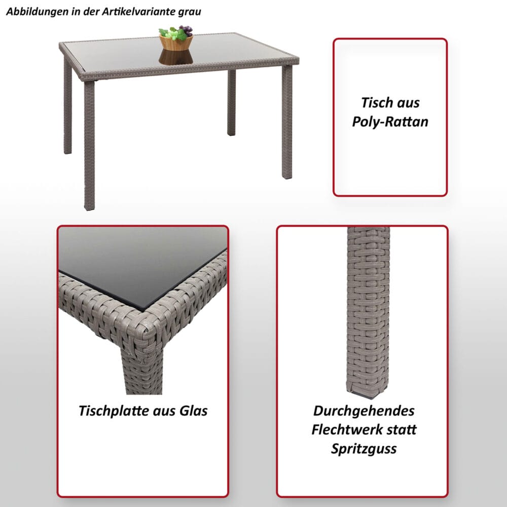 Poly-Rattan Tisch Glas Gartentisch Balkontisch 120x75cm grau-braun