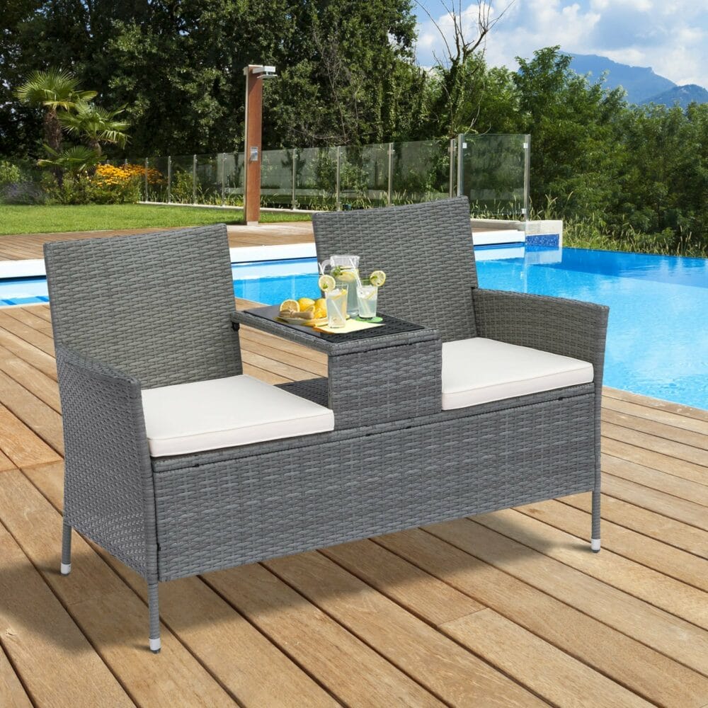 Rattan Gartenbank Sitzbank Gartensofa mit Tisch 2-Sitzer