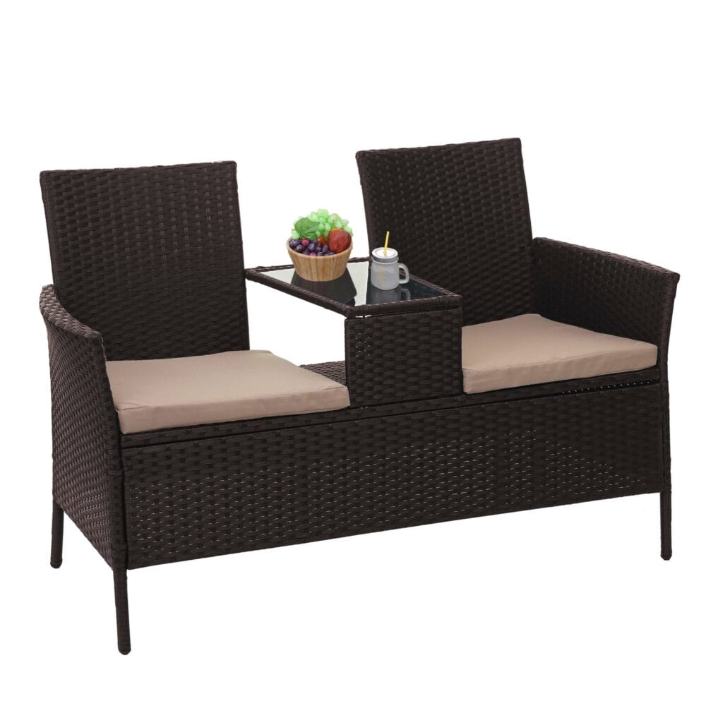 Rattan Gartenbank mit Tisch 132cm ~ braun Kissen creme