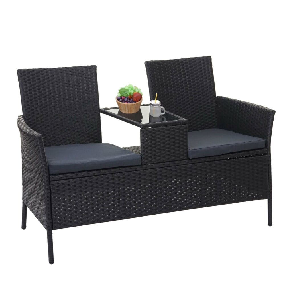 Rattan Gartenbank mit Tisch 132cm ~ schwarz Kissen dunkelgrau