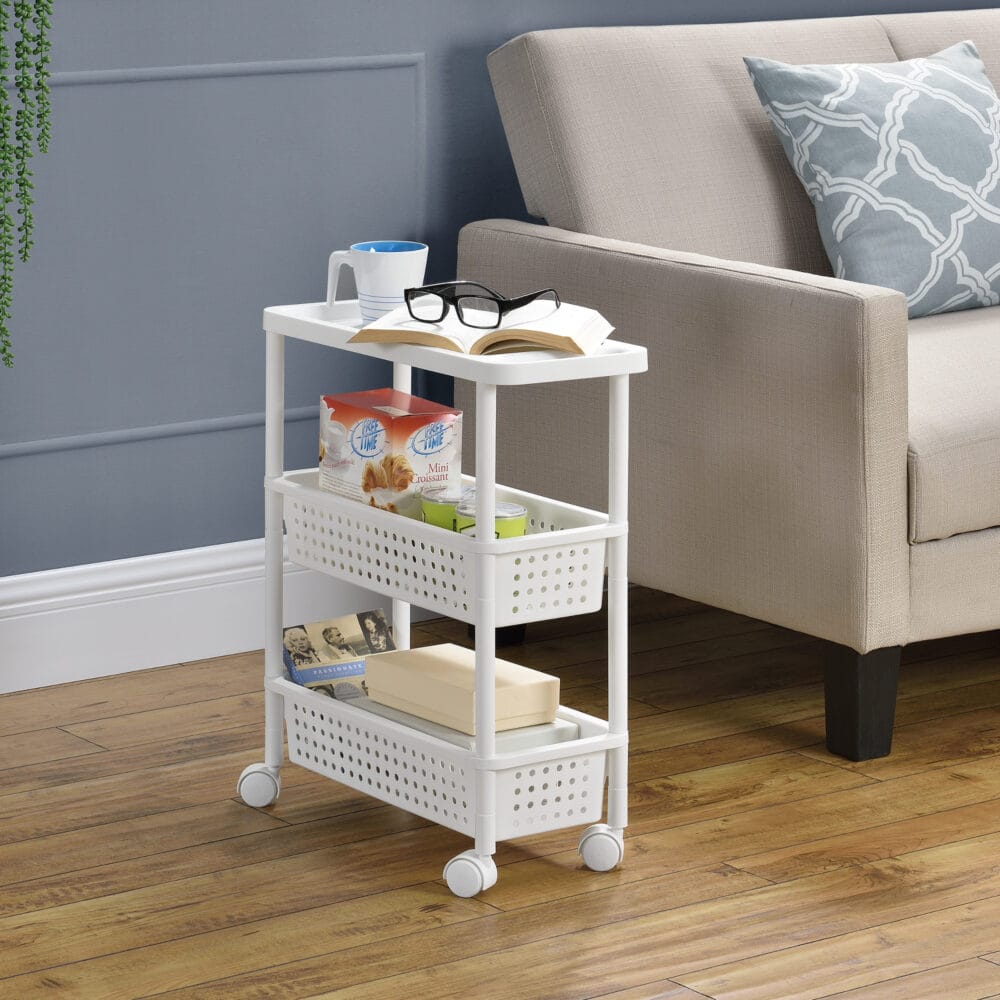 Rollregal 77x22x48cm mit Körben 3 Etagen Weiss