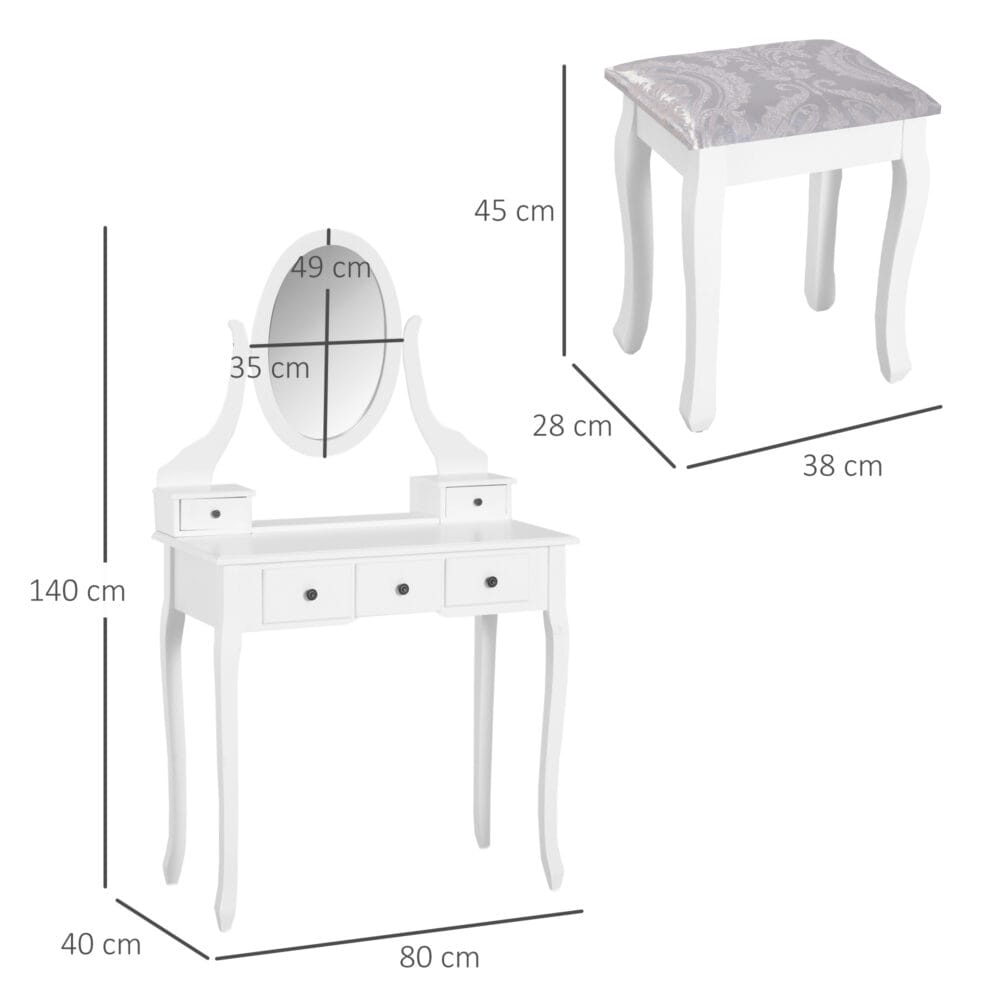 Schminktisch Kosmetiktisch drei Schubladen und Hocker weiss