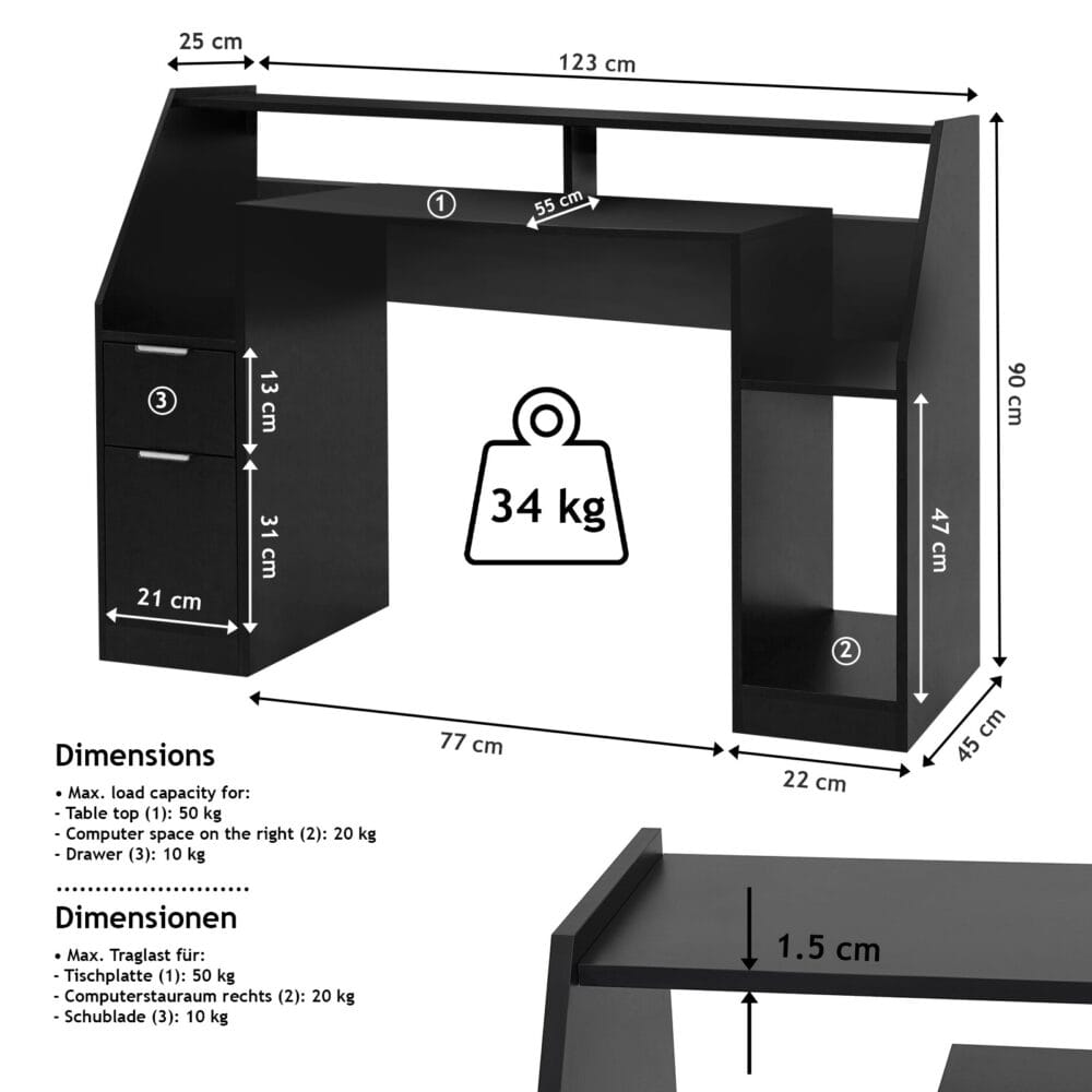 Schreibtisch 123x55x90cm Schwarz mit Schubladen