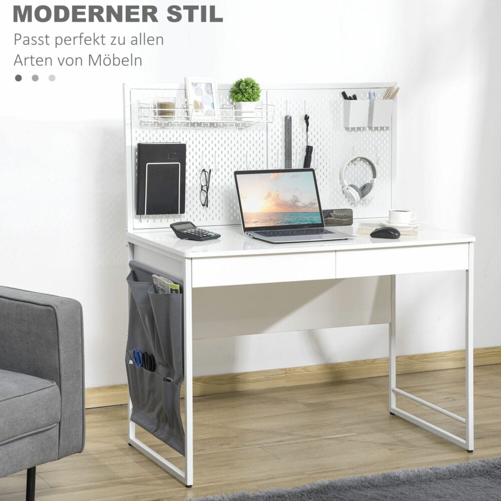 Schreibtisch mit 2 Schubladen Notizgitter Stofftasche mit Gitterwand